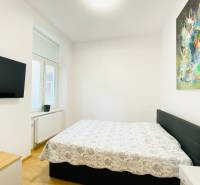 Ložnice s televizí, postelí a abstraktním obrazem ve dvoupokojovém bytě.