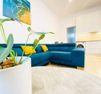 Obývací pokoj v dvoupokojovém bytě s pohovkou a abstraktním obrazem na stěně.