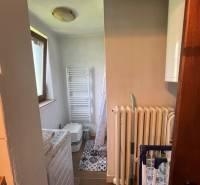 Malá koupelna s pračkou, radiátorem a toaletou, vhodná pro chatu.