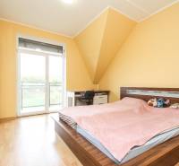 Ložnice ve 4pokojovém bytě s postelí, skříní a podlahou s dřevěným dekorem.