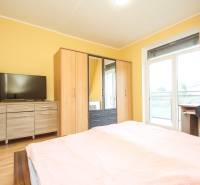 Ložnice ve 4pokojovém bytě se skříněmi, komodou, TV a podlahou s dřevěným dekorem.