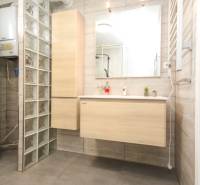 Koupelna se zrcadlem a umyvadlem ve 4-pokojovém bytě, dekor skleněné stěny.