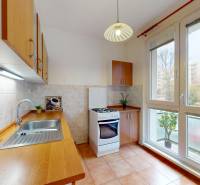 Kuchyně v 1-pokojovém bytě s varnou deskou, dřevěný dekor a velké okno s výhledem.