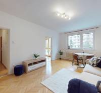 Obývací pokoj s podlahou s dřevěným dekorem, pohovkou a jídelním stolem v 1-pokojovém bytě.