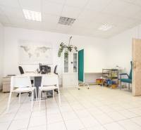 Kancelář s bílým nábytkem, mapou světa, zelenou stěnou a sanitárním vybavením a rostlinou.