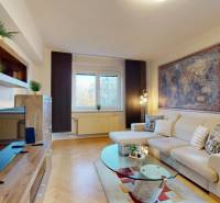 Obývací pokoj v 2-pokojovém bytě s pohovkou, TV a podlahou s dřevěným dekorem.