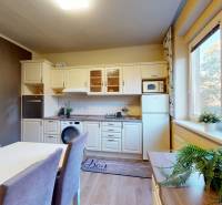 Kuchyně v 2-pokojovém bytě s jídelním stolem, květinami a oknem s výhledem.