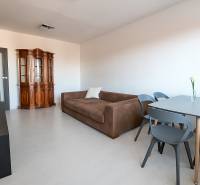 Obývací pokoj s pohovkou a vitrínou, podlaha s dřevěným dekorem ve 3-pokojovém bytě.