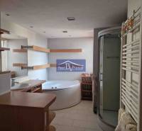 Koupelna v 2-pokojovém bytě, s vanou, sprchovým koutem a poličkami.