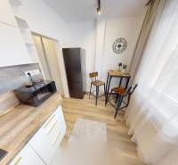 Kuchyňský kout s mikrovlnkou, lednicí a vysokými stoličkami v 1-pokojovém bytě.