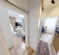 Interiér 1-pokojového bytu s podlahou s dřevěným dekorem a moderním zařízením.