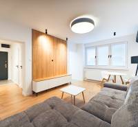 Obývací pokoj s pohovkou, jídelním stolem, dřevěnou podlahou v 2pokojovém bytě.