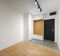 Vstupní chodba s podlahou s dřevěným dekorem a vestavěným nábytkem v 2pokojovém bytě.