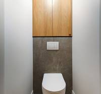 Koupelna v 2-pokojovém bytě s podlahou z tmavého kamene a dřevěnými skříňkami.