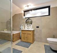 Koupelna s vanou, sprchou, zrcadlem a skříňkou v chatě. Světlé obklady a dlažba.