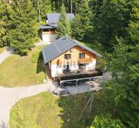 Chata v Terchové obklopená lesem, se sluneční terasou a přístupovou cestičkou.