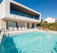 Vila v Bale s bazénem a lehátky, obklopená zelení a modrou oblohou.