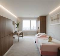 Ložnice v třípokojovém bytě s postelí, pracovním stolem a podlahou s dřevěným dekorem.