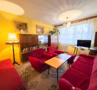 Obývací pokoj třípokojového bytu s červenými sedačkami, koberec, dekorace na stěně, dřevěný nábytek.