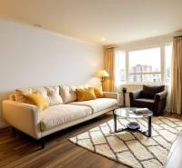 Světlý obývací pokoj s pohovkou v 3-pokojovém bytě, podlaha s dřevěným dekorem, velké okno.