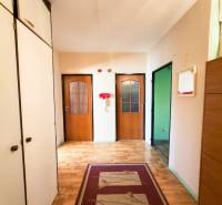 Chodba se skříněmi, světlé stěny, podlaha s dřevěným dekorem, 3-pokojový byt.