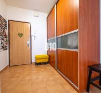 Chodba ve 4-pokojovém bytě s dlažbou a vestavěnou skříní.