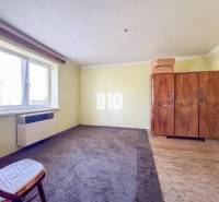 Pokoj v rodinném domě s kobercem, starou skříní a křeslem.