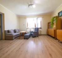 Obývací pokoj v rodinném domě s dřevěným nábytkem, šedou pohovkou a světlou podlahovou krytinou.