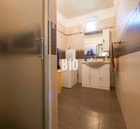 Koupelna v rodinném domě s pračkou a umyvadlem, obložená hnědými dlaždicemi.