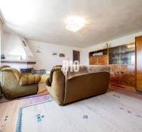 Obývací pokoj s krbem a retro nábytkem v rodinném domě, podlaha s dřevěným dekorem.