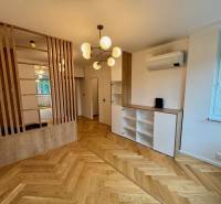 Interiér 2-pokojového bytu s podlahou s dřevěným dekorem a dělenou příčkou.