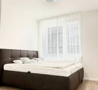 Ložnice v dvoupokojovém bytě s podlahou s dřevěným dekorem a pohodlnou postelí.