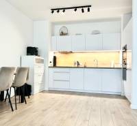 Kuchyně v 2-pokojovém bytě s podlahou s dřevěným dekorem a jídelním stolem.