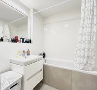 Koupelna s vanou a závěsem v 2-pokojovém bytě, bílá skříňka a koš na prádlo.