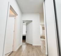 Chodba se světlými stěnami a podlahou s dřevěným dekorem, vedoucí do místností 2-pokojového bytu.