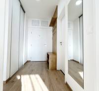 Vstupní hala se zrcadlem a podlahou s dřevěným dekorem v 2-pokojovém bytě.