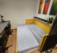 Garsonka s postelí, stolem, křesly a dekorativními obrazy, podlaha s dřevěným dekorem.