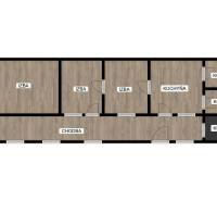 Půdorys rodinného domu ukazuje tři pokoje, kuchyň a koupelnu s komorou.