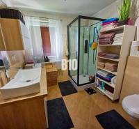 Koupelna v rodinném domě s umyvadlem, sprchovým koutem a regálem na ručníky.