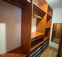 Dřevěná skříň s policemi a zrcadlem v 3-pokojovém bytě.