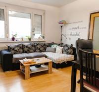 Obývací pokoj v 2-pokojovém bytě s rohovou sedačkou a podlahou s dřevěným dekorem.