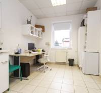 Kancelář s dlažbou, prostor s počítačem, nábytkem a kávovarem.