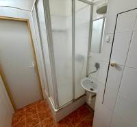 Koupelna se sprchovým koutem a bílými obklady v 1-pokojovém bytě.