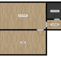 Půdorys 1-pokojového bytu s kuchyní, koupelnou a dřevěným dekorem podlahy.