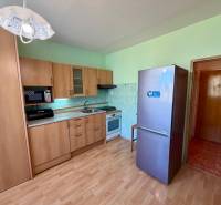 Kuchyňská linka s mikrovlnkou a lednicí v 1-pokojovém bytě, podlaha s dřevěným dekorem.