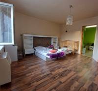 Dětský pokoj v rodinném domě s postelí, postýlkou a podlahou s dřevěným dekorem.