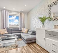 Obývací pokoj ve 3-pokojovém bytě s pohodlnou sedačkou a podlahou s dřevěným dekorem.