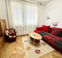 Garsonka s podlahou s dřevěným dekorem, červenou sedačkou a křeslem.