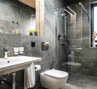 Koupelna v 2-pokojovém bytě s průhledným sprchovým koutem a šedými obklady, dekorovaná zelení.