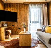 Obývací pokoj v 2-pokojovém bytě s pohovkou, podlahou s dřevěným dekorem a konferenčním stolkem.